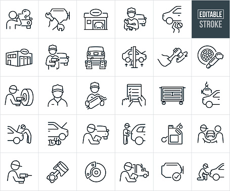 A set of auto repair shop icons that include editable strokes or outlines using the EPS vector file. The icons include a person calling a mechanic with broken down car in the background, hand holding a wrench near a car engine, auto repair shop with car, auto mechanic holding wrench with car in the background, mechanic working under a car, auto body shop, car repair shop, mechanic holding impact wrench with vehicle in background, broken down car on tow truck, car on car lift at auto repair shop, hand turning a socket wrench, mechanic using an impact wrench to put a tire on vehicle, auto mechanic holding a car muffler, auto body repair checklist, toolbox, engine being put in car, mechanic working under the hood of a car, mechanic doing an inspection on a car, oil and dipstick for oil change, mechanic shaking hands with customer after service work, mechanic using a drill, car piston, car brakes, diesel mechanic doing an inspection on a semi-truck, engine repair and a mechanic repairing a wrecked car.