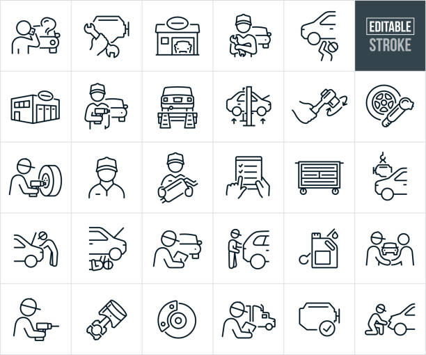 Auto Repair Shop Thin Line Icons - Editable Stroke A set of auto repair shop icons that include editable strokes or outlines using the EPS vector file. The icons include a person calling a mechanic with broken down car in the background, hand holding a wrench near a car engine, auto repair shop with car, auto mechanic holding wrench with car in the background, mechanic working under a car, auto body shop, car repair shop, mechanic holding impact wrench with vehicle in background, broken down car on tow truck, car on car lift at auto repair shop, hand turning a socket wrench, mechanic using an impact wrench to put a tire on vehicle, auto mechanic holding a car muffler, auto body repair checklist, toolbox, engine being put in car, mechanic working under the hood of a car, mechanic doing an inspection on a car, oil and dipstick for oil change, mechanic shaking hands with customer after service work, mechanic using a drill, car piston, car brakes, diesel mechanic doing an inspection on a semi-truck, engine repair and a mechanic repairing a wrecked car. auto repair stock illustrations