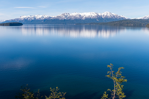 Beautiful view that can be appreciated from the panoramic point located a few kilometers from Villa La Angostura, where you can observe Lake Nahuel Huapi and the Andes Mountains. Patagonia, Argentina.