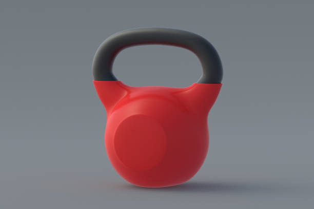 istock Red kettlebell on gray background. Sports equipment. Powerlifting training. Workout exercises. Healthy lifestyle. 3d render 1493266879