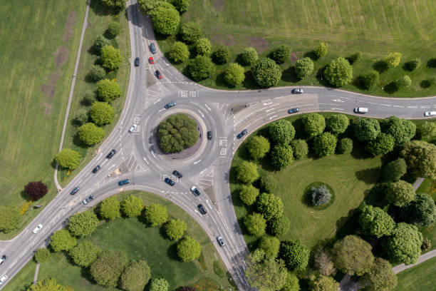 istock Aerial view directly above a countryside ltraffic roundabout in Harrogate 1493267867