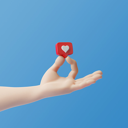 Cartoon hand holding heart in speech bubble icon on a blue background. Love like heart social media notification icon.  Emoji, chat and Social Network. 3d rendering, 3d illustration