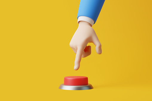 Cartoon hand will press a big red alert button on a yellow background. Startup and activation concept. 3d rendering illustration