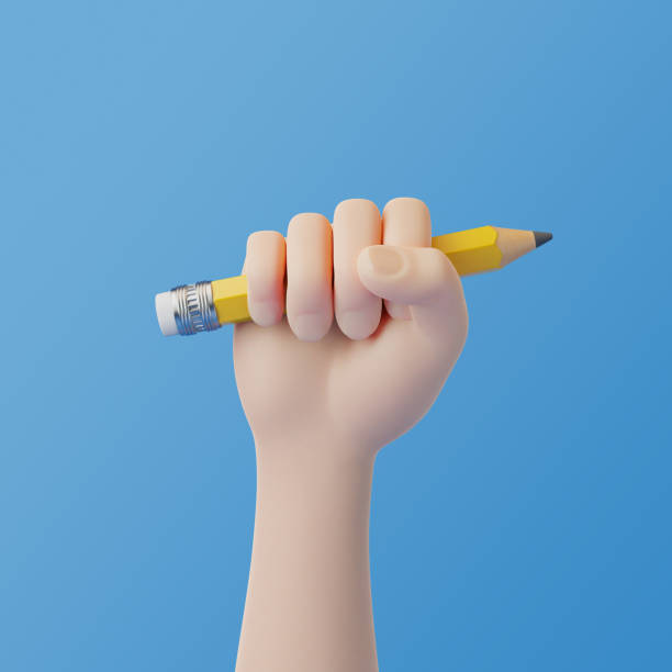 istock Cartoon hand holding a pencil on a blue background 1493271641