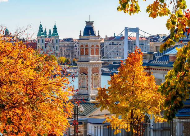 秋のブダとドナウ川の王宮にあるキャッスルガーデンバザール(ヴァルケルトバザール)、ブダペスト、ハンガリー - buda ストックフォトと画像