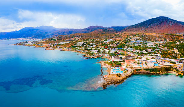 istock Hersonissos town aerial panoramic view in Crete, Greece 1493277480