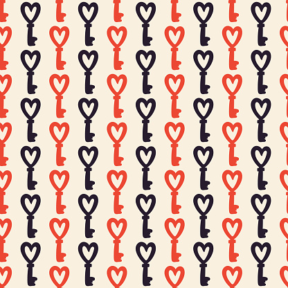 Seamless decorative elegant pattern with heart-shaped keys. Print for textile, wallpaper, covers, surface. Retro stylization. For fashion fabric. Romantic pattern, a symbol of cohabitation.