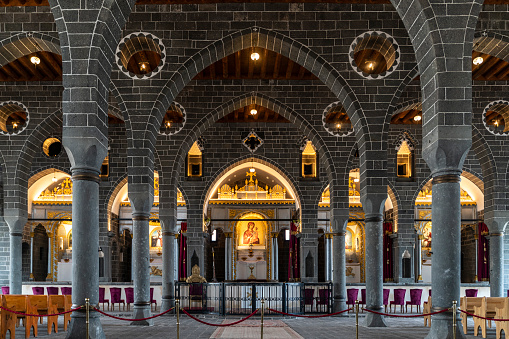 Surp Giragos Armenian Church or St. Kyriakos Church is located in the Sur district of Diyarbakır in southeastern Turkey. It is a very large building with five naves, five apses and baptismal sections on both sides of the apse. \nShot with a full frame camera.