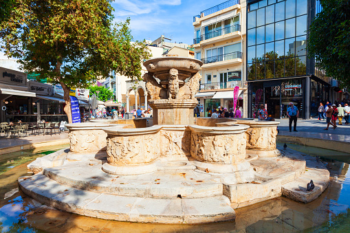 Heraklion, Greece - October 13, 2021: Morosini fountain at Lions Square in Heraklion city centre on Crete island in Greece