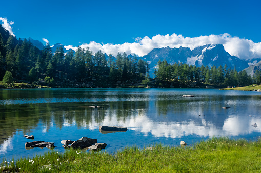 Beautiful view of Lake Arpy and Mont Blanc, Italy