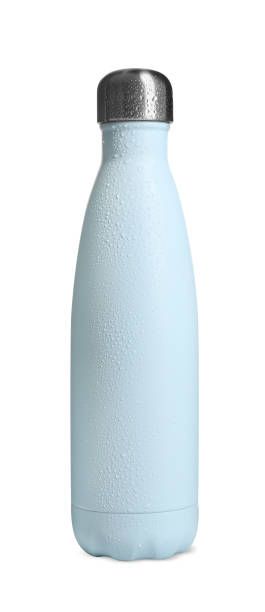 istock Stylish closed light blue thermo bottle with water drops isolated on white 1493282912