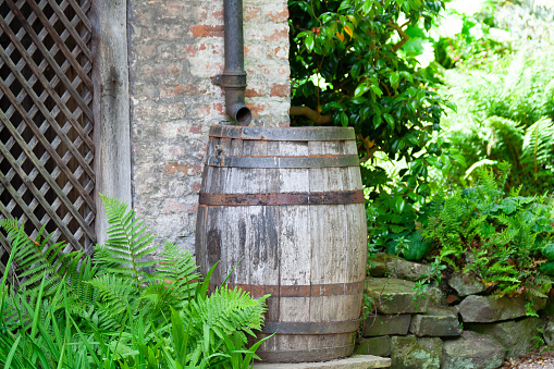 Whisky barrels rest along a wall near the sea on the Isle of Islay, Scotland, United Kingdom
