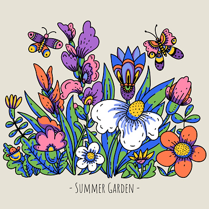 Cartoon summer flowers, bold modern blooming floral greeting card