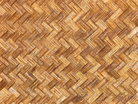Closeup texture detail of a Hawaiian Lauhala mat, a natural material woven from the hala leaves of the Pandanas Tree, also known as the Screw Pine. This weathered, tropical leaf fabric is tough, durable, and used for South Seas decoration. Its tan and brown tones give a warm, natural look to island decor.
