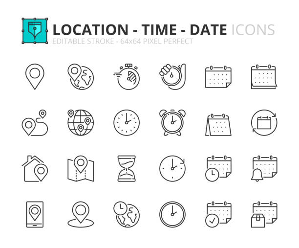 простой набор контурных значков о местоположении, времени и дате - календари stock illustrations