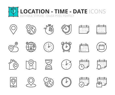 Line icons about location, time and date. Contains such icons as clock, schedule, calendar and pin. Editable stroke Vector 64x64 pixel perfect