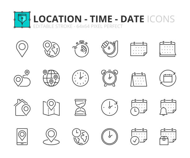 Simple set of outline icons about location, time and date Line icons about location, time and date. Contains such icons as clock, schedule, calendar and pin. Editable stroke Vector 64x64 pixel perfect calendar icon stock illustrations