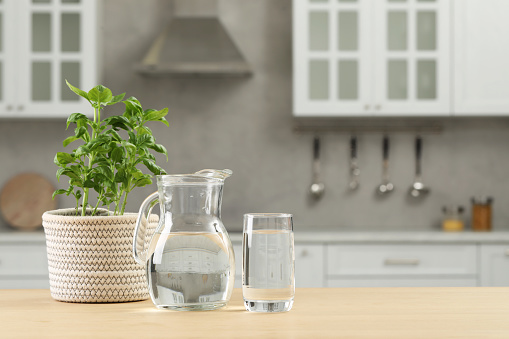 Beautiful potted basil and glass jug with water on wooden table in kitchen. Space for text