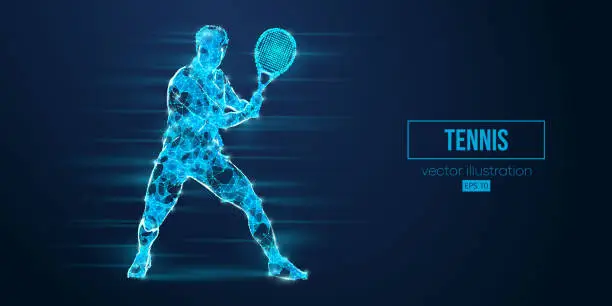Vector illustration of Abstract wireframe silhouette of a tennis player from triangles and particles on blue background. Tennis player man hits the ball. Vector illustration