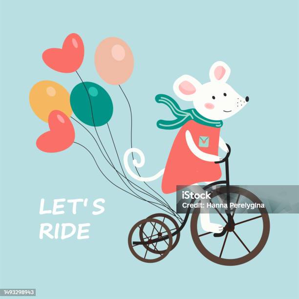Cute Mouse Riding A Bike With Balloons Cartoon Vector Illustration With