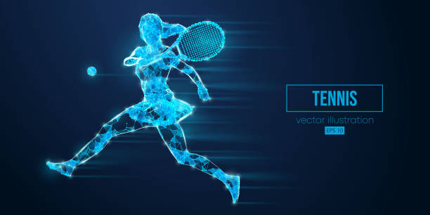 istock Abstract wireframe silhouette of a tennis player from triangles and particles on blue background. Tennis player man hits the ball. Vector illustration 1493299012