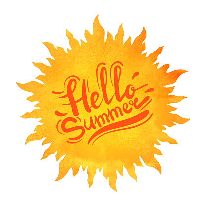 Hello summer, yellow orange sun in watercolor style