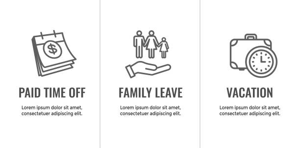 Paid Family Leave Benefits - PFL Benefits include sick time, paid time off, vacation benefits, death in the family, maternity, paternity leave, and other PTO Paid Family Leave Benefits - PFL Benefits - sick time, paid time off, vacation benefits, death in the family, maternity, paternity leave, other PTO paternity stock illustrations
