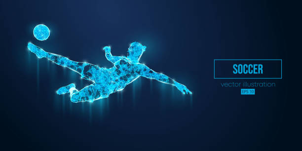istock Abstract wireframe silhouette of a soccer, football player from triangles and particles on blue background. Soccer player man hits the ball. Vector illustration 1493300440