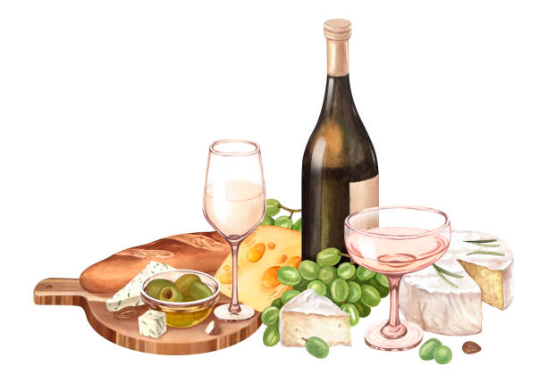 akwarelowa butelka białego wina, świeże dojrzałe zielone winogrona, ser na drewnianej desce do krojenia. ręcznie rysuj tło z obiektami spożywczymi na piknik. koncepcja karty win, etykiety, banera, menu, ulotki, szablonu - cheese wine white background grape stock illustrations