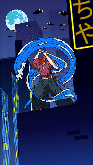 An anime style vector illustration of a samurai standing on a roof in fighting stance with water form effect with cyberpunk city skyline in the background. Wide space available for your copy.