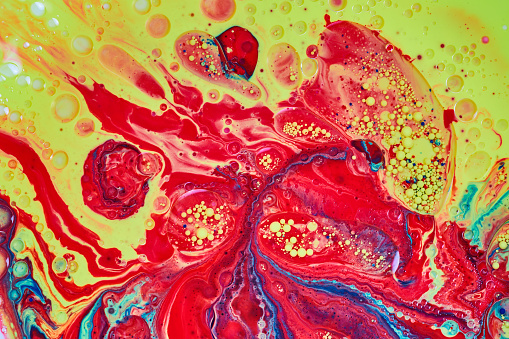 Image of Horizontal flaming cloak of intergalactic swirling blue red and yellow acrylic oils and paint background asset