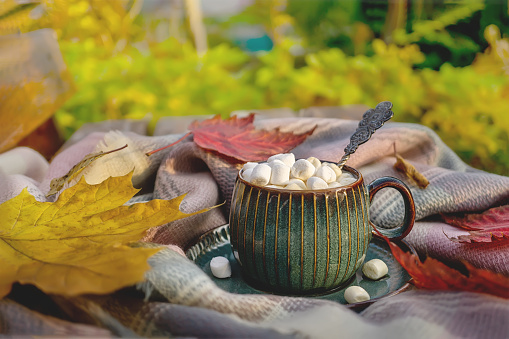 Autumn still life with hot coffee with marshmallows on the street. Side view. A cup of coffee on a diagonal wooden surface.