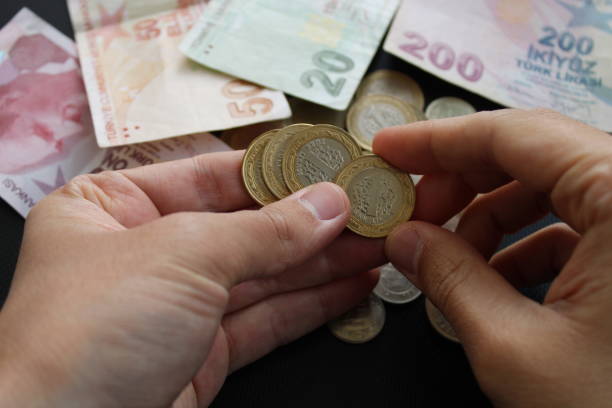 istock A person holds a  Turkish coin. Turkish banknotes in the background 1493305021
