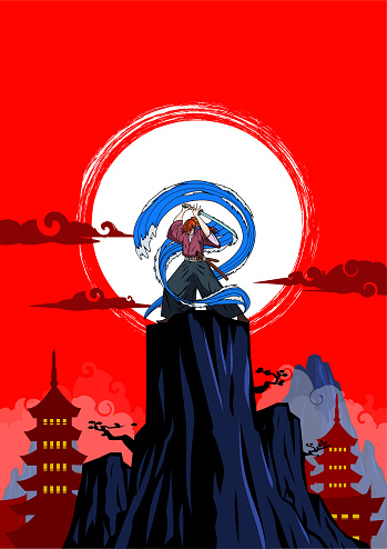 An anime style vector illustration of a samurai holding a sword with water form effect standing on a rock with Japanese temple in the background. Wide space available for your copy.