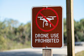 Sign prohibiting use of quadcopters in national park no drone area. Warning notice for using UAV