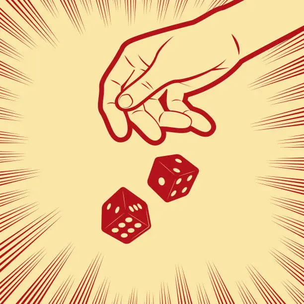 Vector illustration of A human hand throwing two dice, in the background with radial manga speed lines