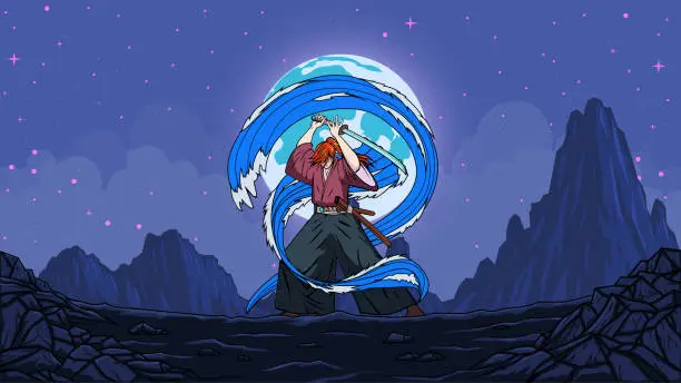 Vector illustration of Vector Anime Samurai with Water Form Effect and Mountain Range Background Stock Illustration