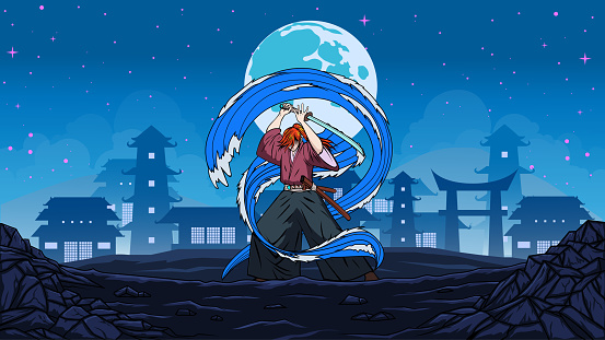An anime style vector illustration of a samurai with Japanese houses silhouette  in the background. Wide space available for your copy.
