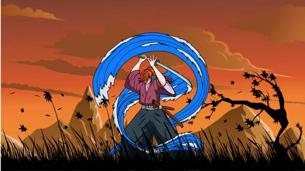 Vector illustration of Vector Anime Samurai Holding a Sword with Water Form Effect in a Valley of Tall Grass Stock Illustration