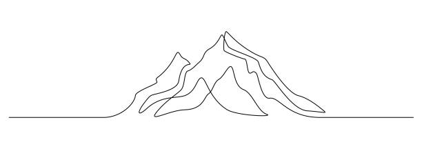 ilustrações de stock, clip art, desenhos animados e ícones de mountain range landscape in one continuous line drawing. web banner with mounts in simple linear style. adventure winter sports concept in editable stroke. doodle outline vector illustration - snowcapped mountain range snow mountain peak