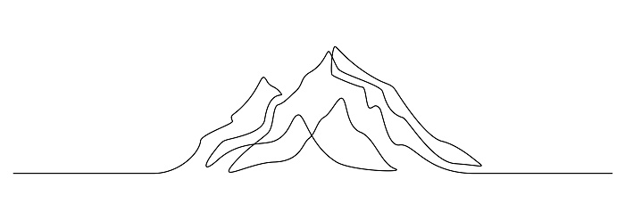 Mountain range landscape in one continuous line drawing. Web banner with mounts in simple linear style. Adventure winter sports concept in editable stroke. Doodle outline vector illustration.