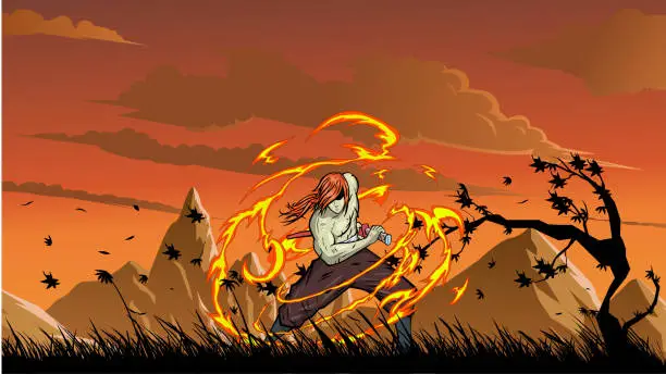 Vector illustration of Vector Anime Samurai Holding a Sword with Flame Effect Power in a Valley of Tall Grass Stock Illustration