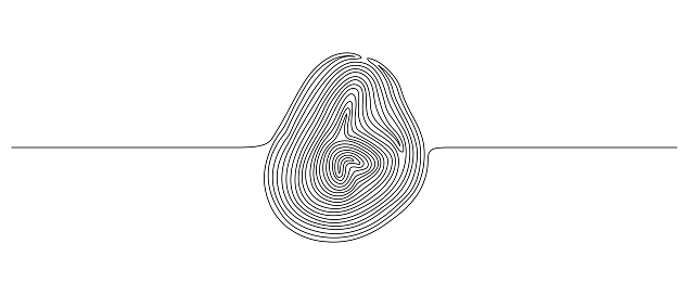 Fingerprint in one continuous line drawing. Abstract password and security finger print id concept in simple linear style. Human unique pattern in editable stroke. Doodle vector illustration.