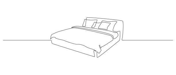 illustrazioni stock, clip art, cartoni animati e icone di tendenza di letto matrimoniale in disegno continuo ad una linea. mobili scandinavi in stile per accogliente camera da letto loft in stile lineare semplice. tratto modificabile. illustrazione vettoriale doodle - mattress line art hotel sleeping