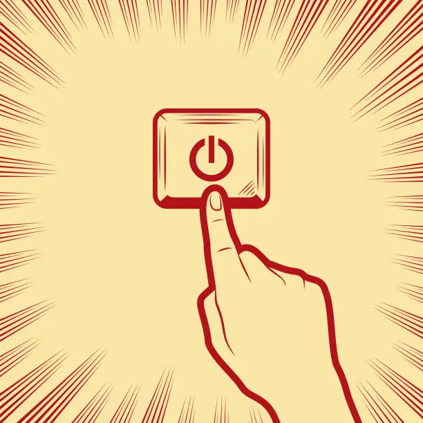 Vector illustration of A human hand presses the power button, in the background with radial manga speed lines