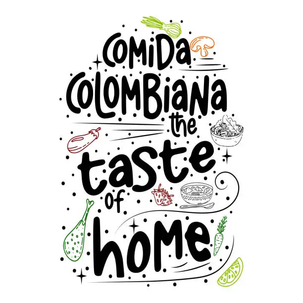 Vector illustration of Comida Colombiana The taste of home -Vintage poster, logo. Cooking poster with cooking food. Trendy retro design for Culinary school, food studio Vector.