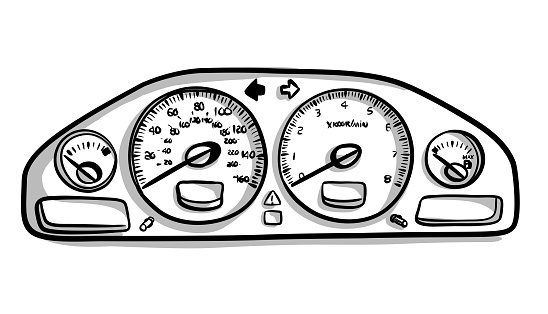 Car or sports vehicle odometer to know your mileage, gas, RPM, and more. Hand drawn vector illustration.
