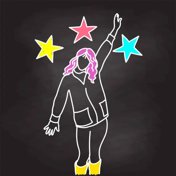 Vector illustration of Woman Reaching For The Stars Blackboard Color