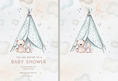 Watercolor newborn Baby Shower greeting card with babies boy. Birthday baby shower of new born baby and pregrand women invitation