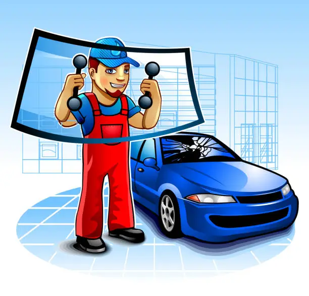 Vector illustration of Cartoon car mechanic replacing the windshield of a blue car